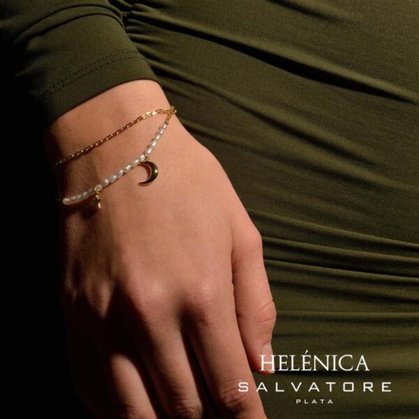 Pulsera Plata De Ley Chapado Dorado Doble Perla - Imagen 2