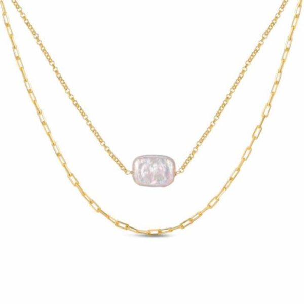 Collar De Plata Chapado Cadena Doble Perla Barroca Plana