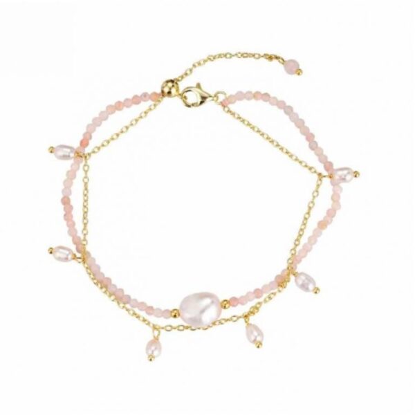 Pulsera De Piedra Natural Bolitas De Cuarzo Rosa Con perlas 17+3 CM