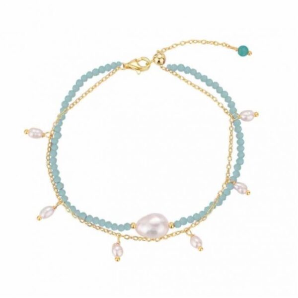 Pulsera De Piedra Natural Bolitas De  Amazonita Chapada Con Perlas 17 + 3 cm