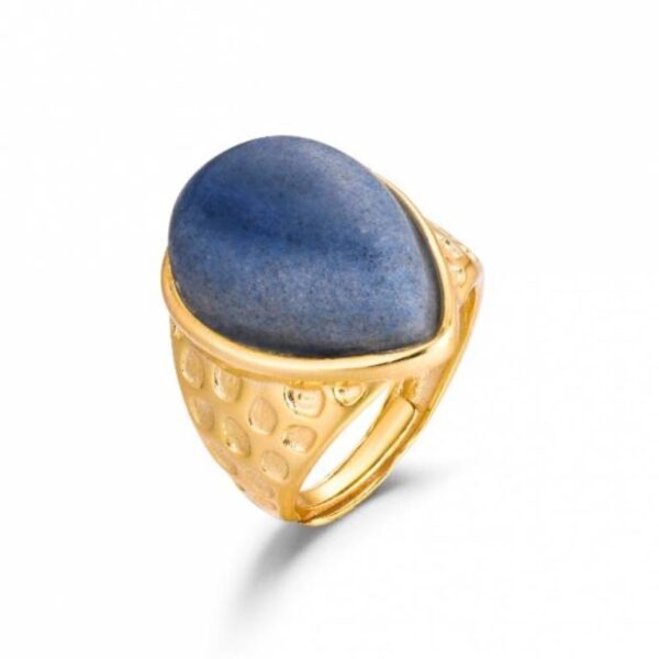 Anillo De Piedra Natural Aventurina Azul Gota Chapado Ajustable  Talla 14