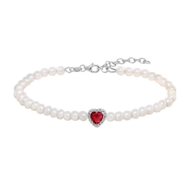 Pulsera Plata De Ley 925 Perlas y Corazón Circonitas