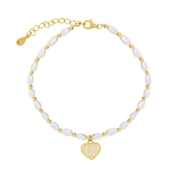 Pulsera Plata De Ley 925 Perlas y Corazón Circonitas