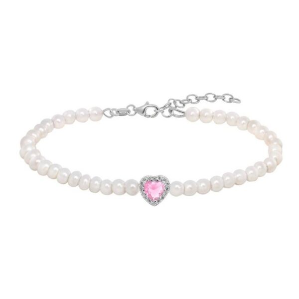 Pulsera Plata 925  Perlas Con  Corazón De Circonitas Rosa De Francia