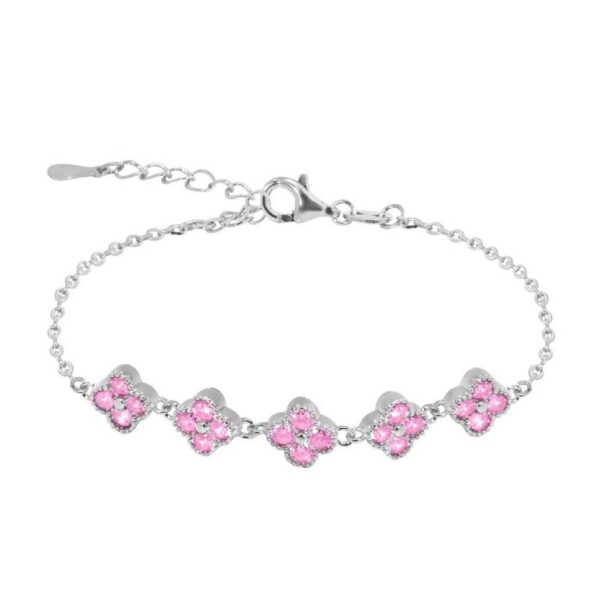 Pulsera Plata 925  Baño Rodio Con  Flores De Circonitas Color Rosa De Francia