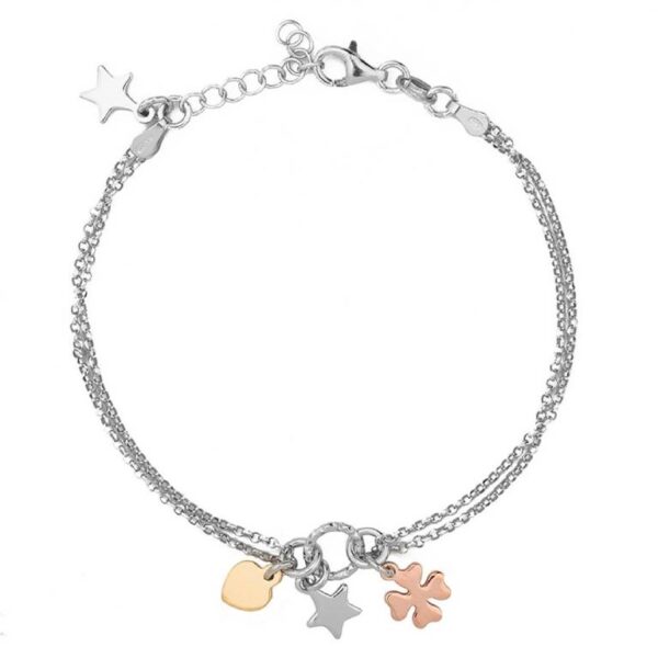 Pulsera Plata De Ley 925  Baño Rodio Con  Colgantes Chapados Oro