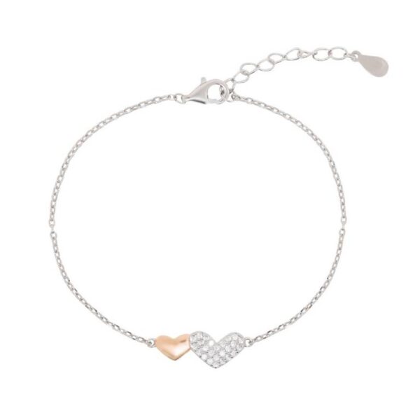 Pulsera Plata De Ley 925  Baño Rodio Con  Corazones